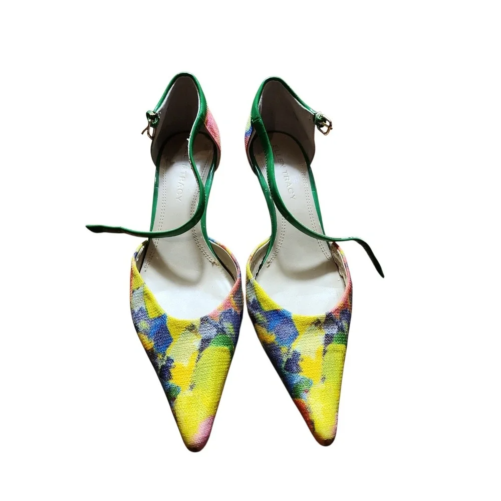 Ellen Tracy Erin Kitten Heels Women 7M Multi Color Abstract Floral Artistic Chic